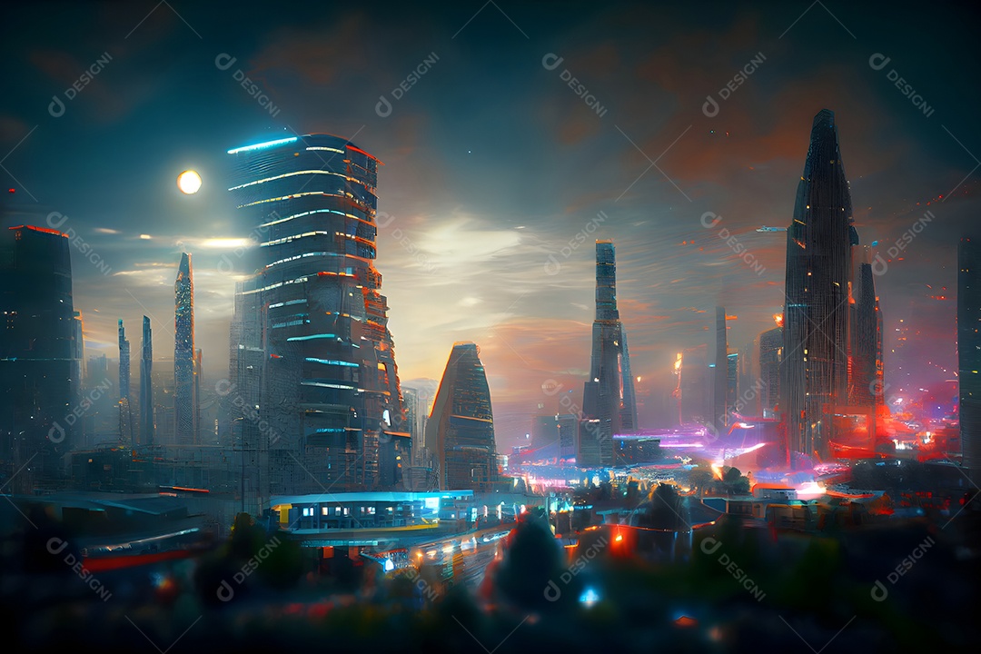 Paisagem urbana utópica noturna futurista abstrata arte gerada por rede neural