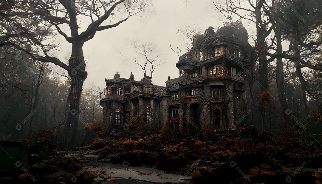 Mansão mal-assombrada assustadora em floresta negra sem folhas arte gerada por rede neural