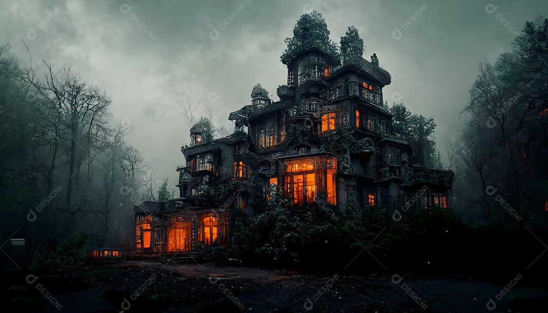 Mansão mal-assombrada assustadora em floresta negra sem folhas arte gerada por rede neural