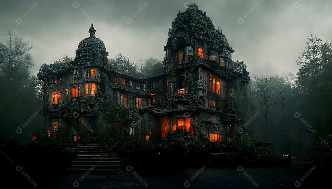 Mansão mal-assombrada assustadora em floresta negra sem folhas arte gerada por rede neural