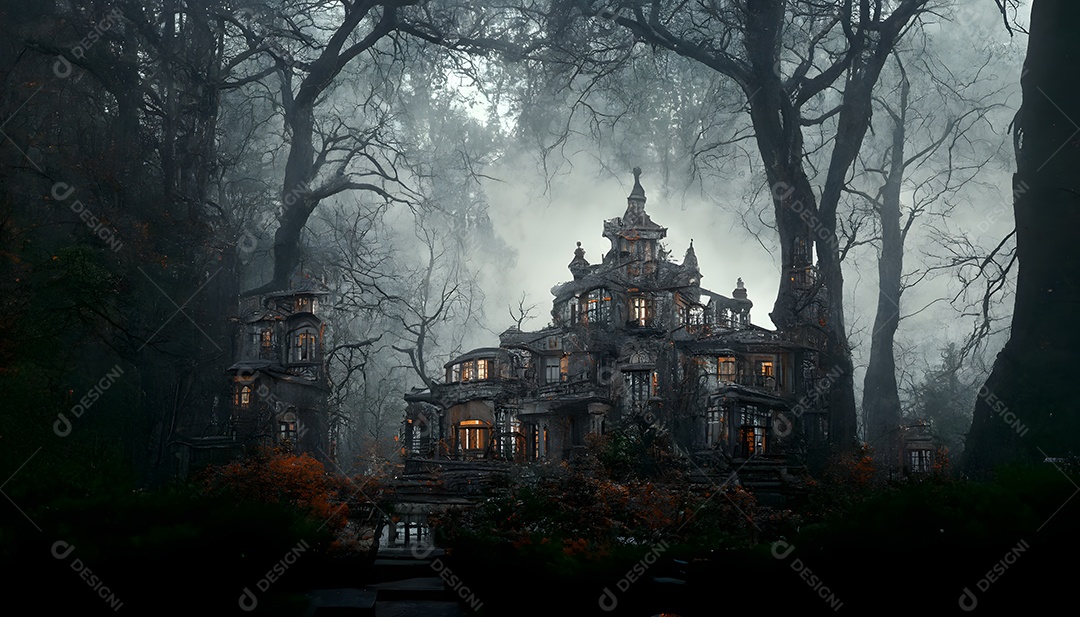 Mansão mal-assombrada assustadora em floresta negra sem folhas arte gerada por rede neural