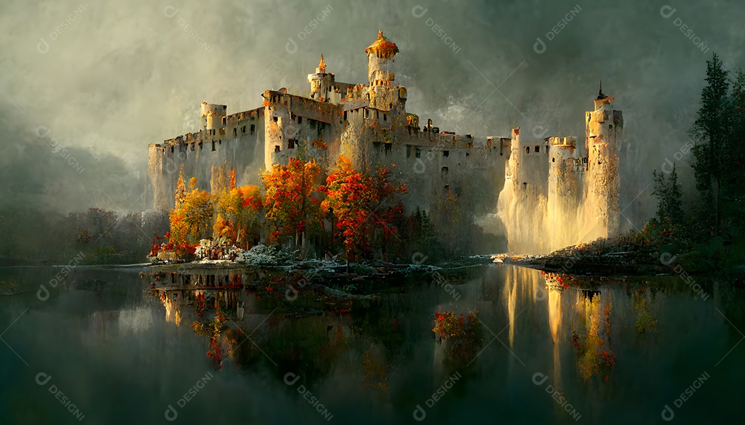 Fantástico castelo branco no lago em uma manhã nublada de outono arte gerada por rede neural