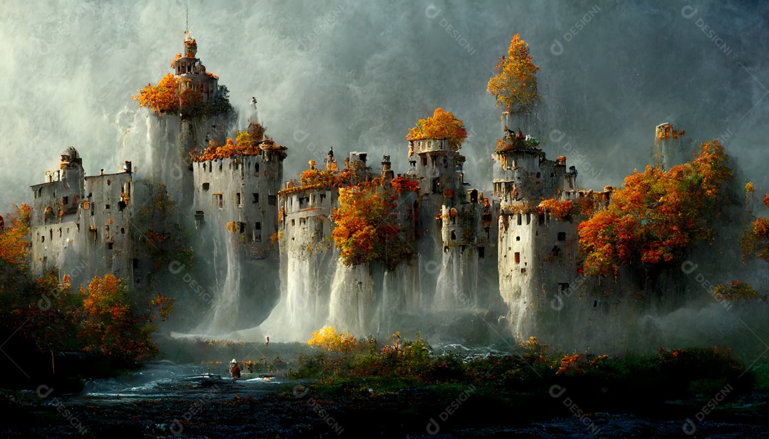 Fantástico castelo branco no lago em uma manhã nublada de outono arte gerada por rede neural