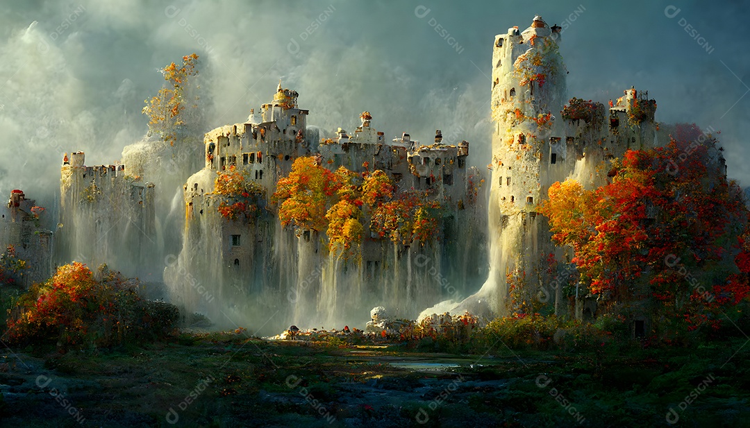 Fantástico castelo branco no lago em uma manhã nublada de outono arte gerada por rede neural