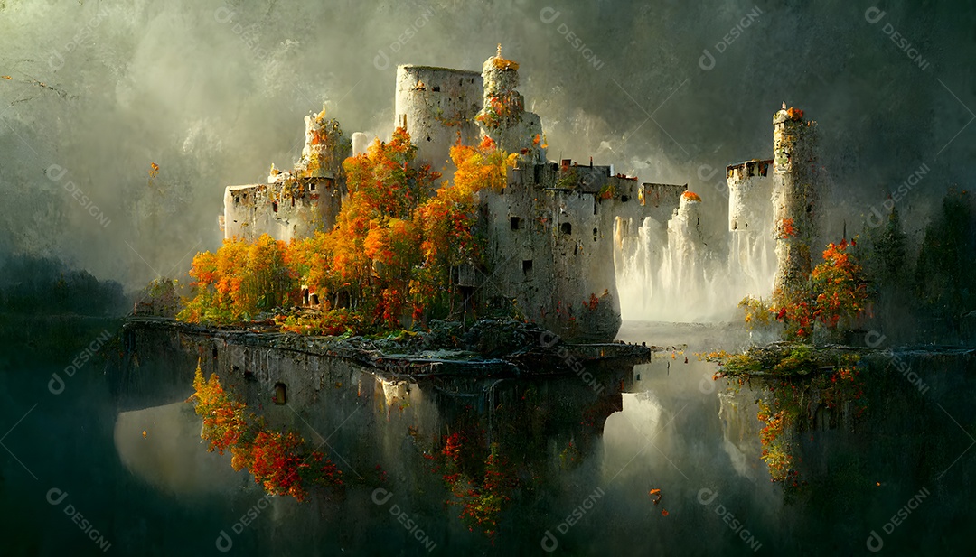 Fantástico castelo branco no lago em uma manhã nublada de outono arte gerada por rede neural