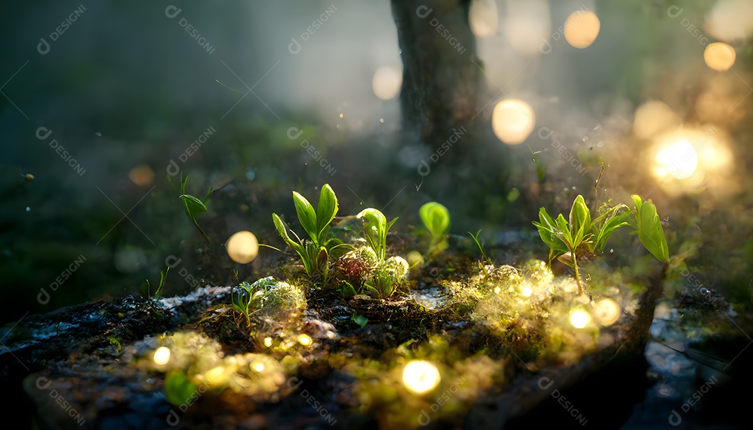 Pequenos brotos verdes no chão da floresta iluminados por raios de sol arte gerada por rede neural