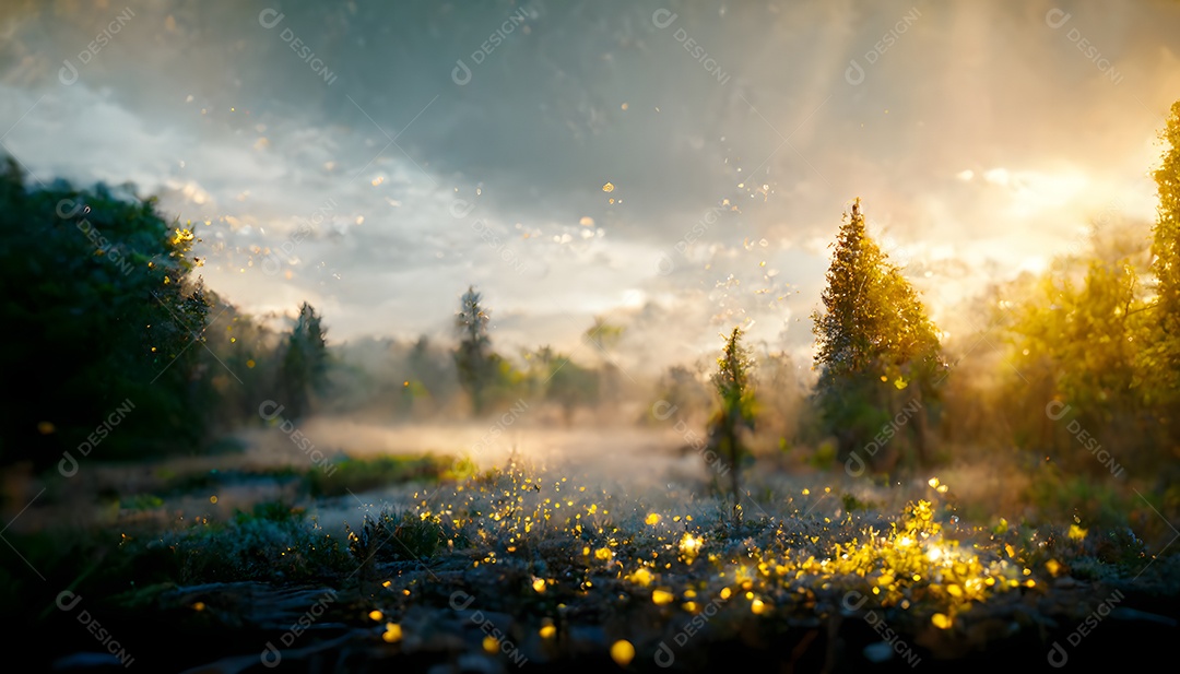 Pequenos brotos verdes no chão da floresta iluminados por raios de sol arte gerada por rede neural