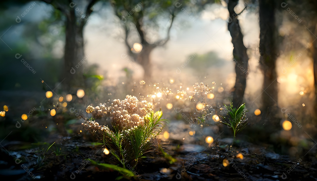 Pequenos brotos verdes no chão da floresta iluminados por raios de sol arte gerada por rede neural