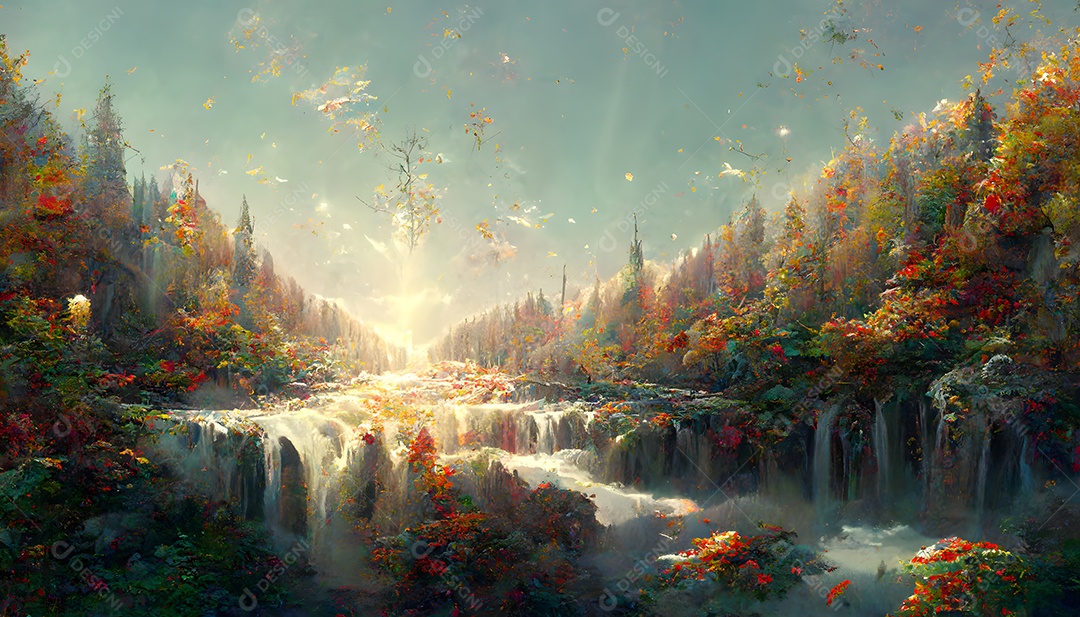 Cenário de cachoeiras de outono de fantasia em dia ensolarado arte gerada por rede neural