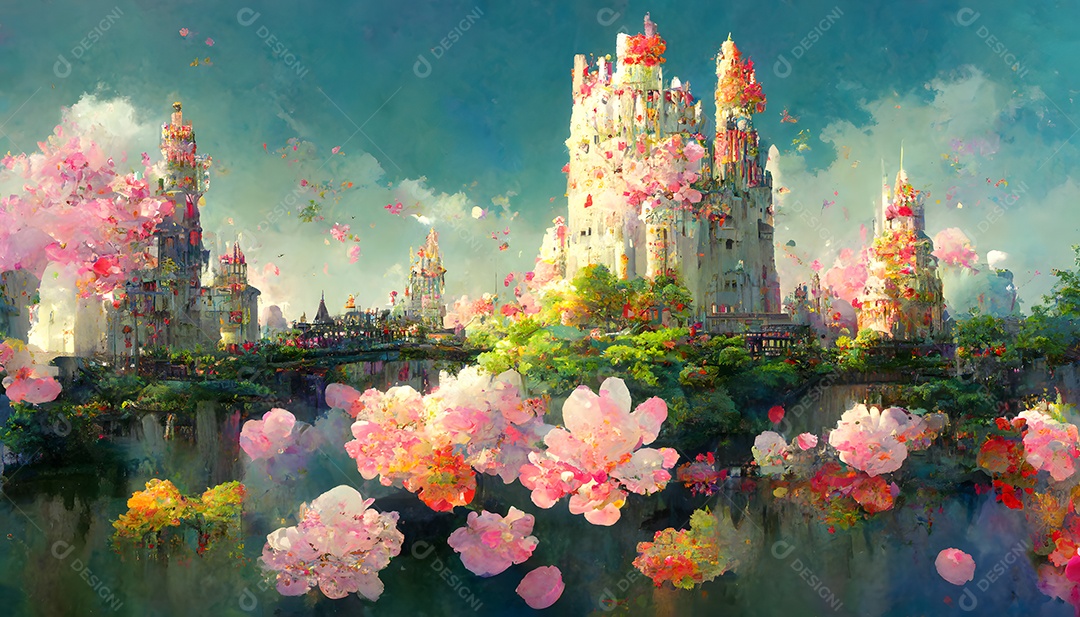 Castelos de sonho em um dia ensolarado de primavera com flores rosas em primeiro plano arte gerada por rede neural