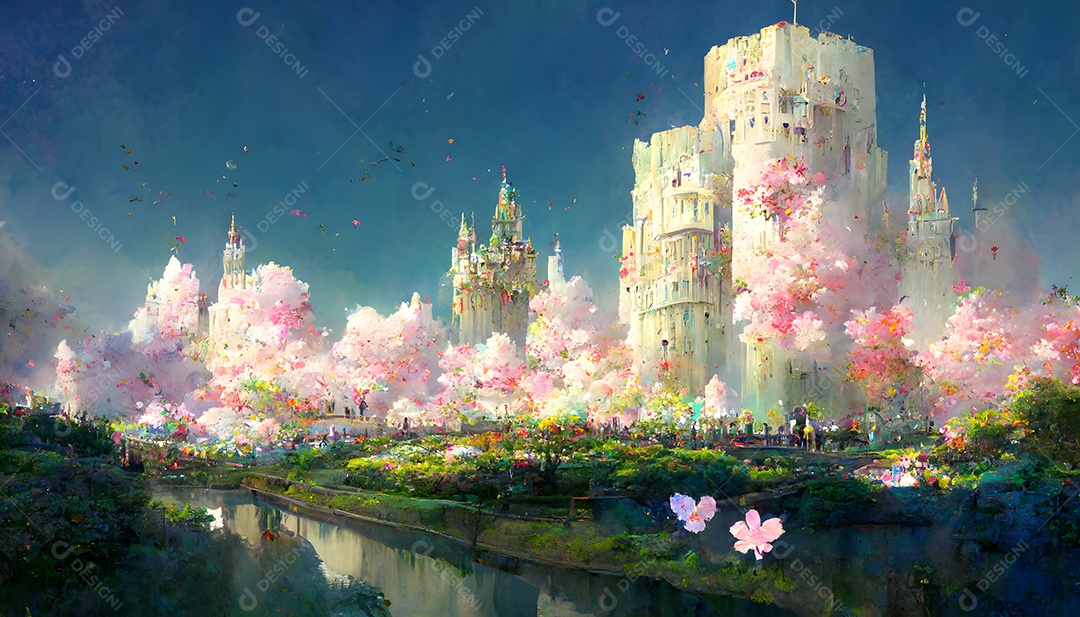 Castelos de sonho em um dia ensolarado de primavera com flores rosas em primeiro plano arte gerada por rede neural