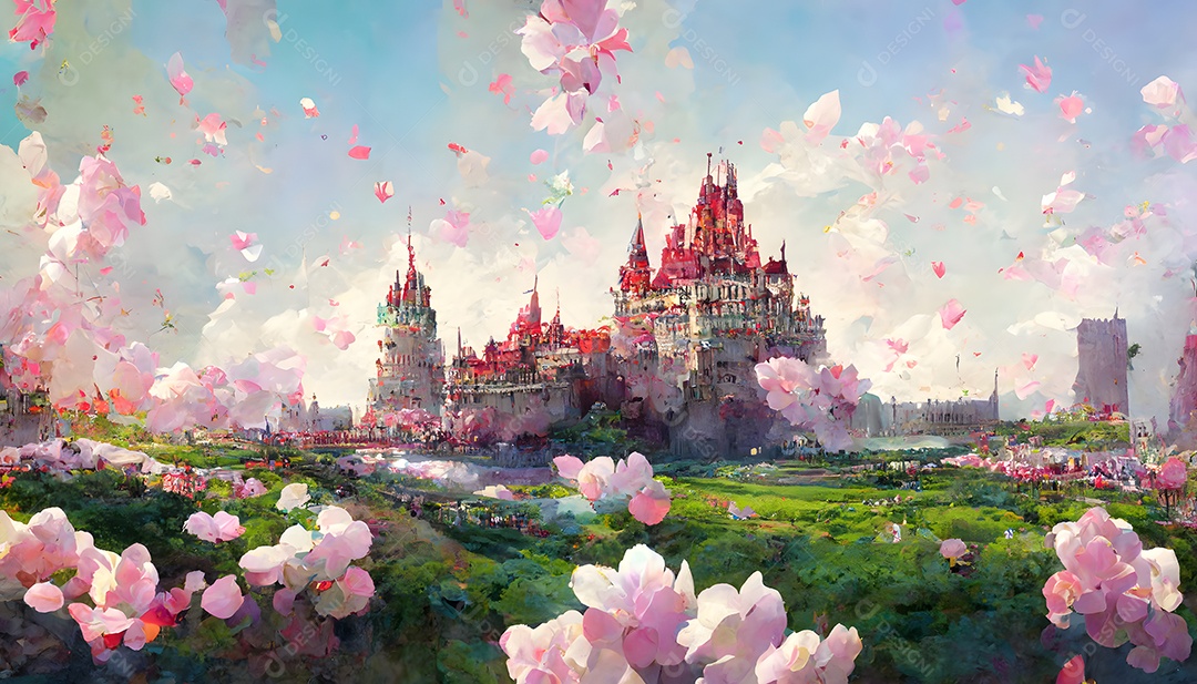 Castelos de sonho em um dia ensolarado de primavera com flores rosas em primeiro plano arte gerada por rede neural