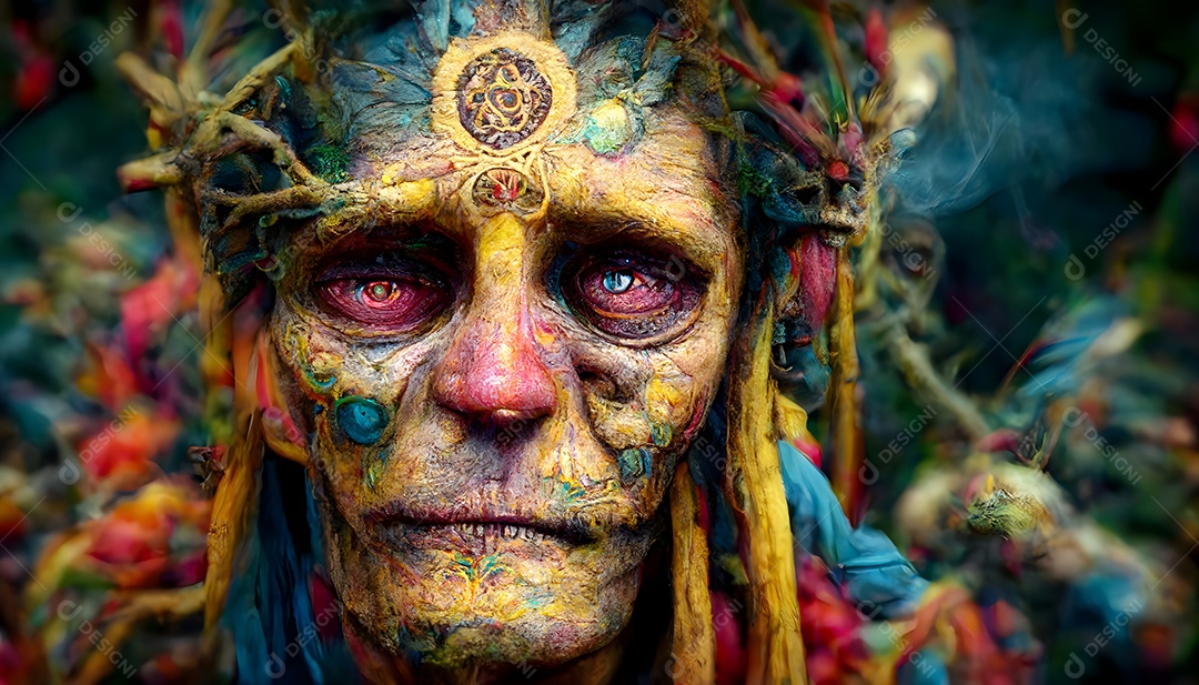 Fantástico xamã antigo alucinante cercado por vapores e fumaça arte gerada por rede neural