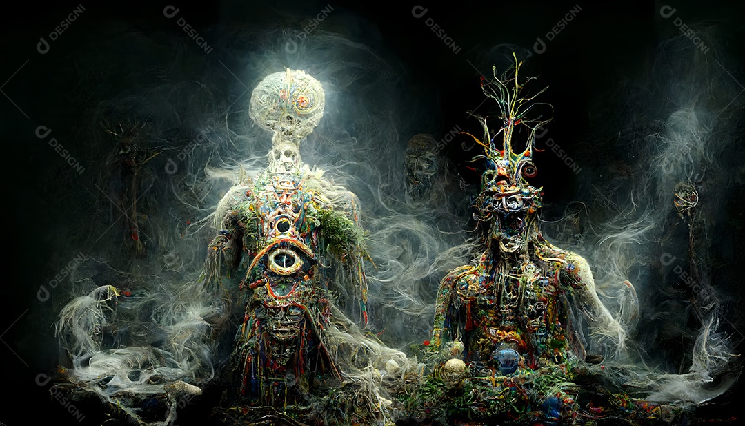 Fantástico xamã antigo alucinante cercado por vapores e fumaça arte gerada por rede neural