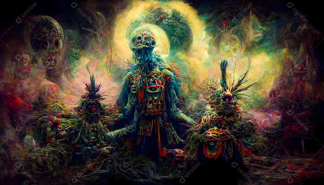 Fantástico xamã antigo alucinante cercado por vapores e fumaça arte gerada por rede neural