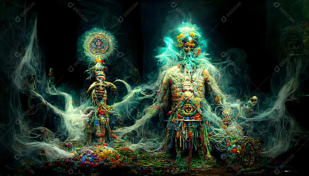 Fantástico xamã antigo alucinante cercado por vapores e fumaça arte gerada por rede neural