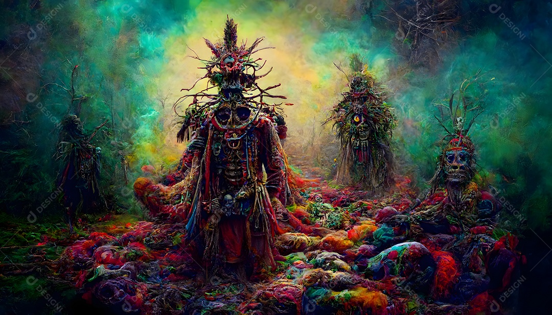 Fantástico xamã antigo alucinante cercado por vapores e fumaça arte gerada por rede neural