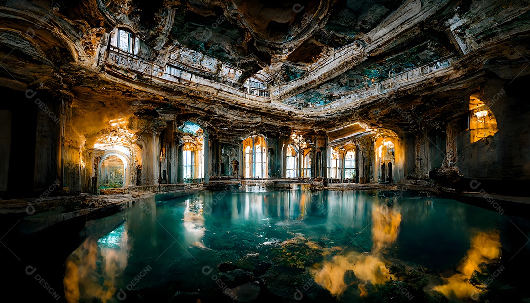 Piscina perdida em caverna com pilares e água turquesa arte gerada por rede neural