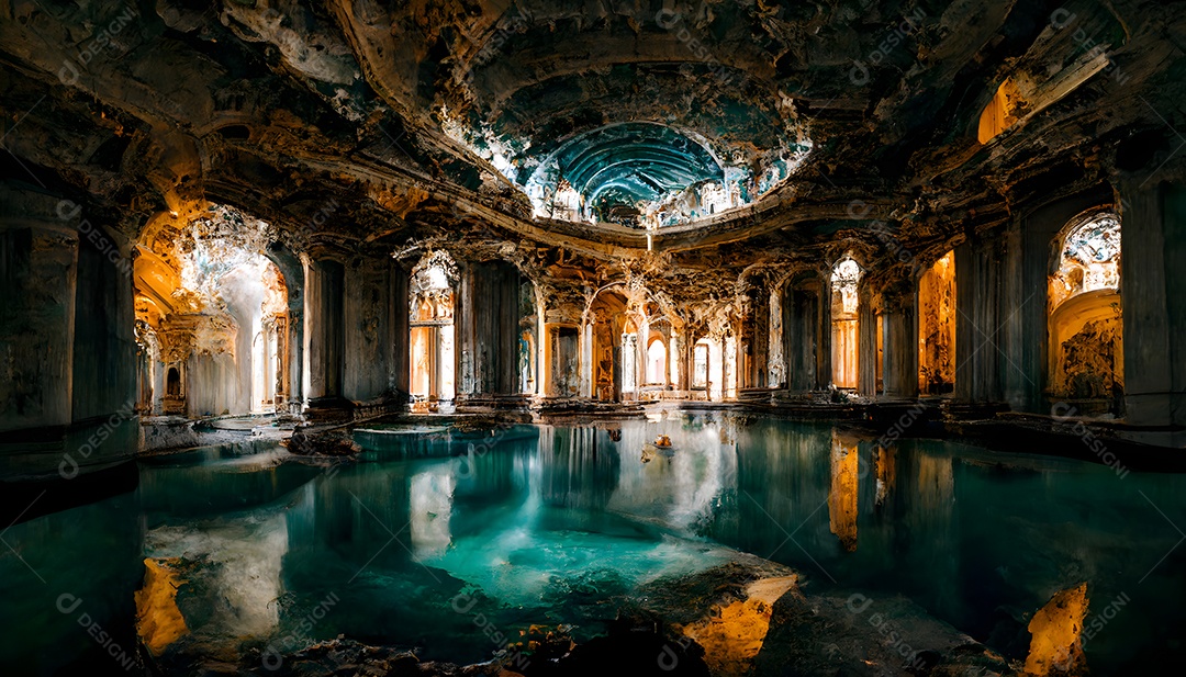 Piscina perdida em caverna com pilares e água turquesa arte gerada por rede neural