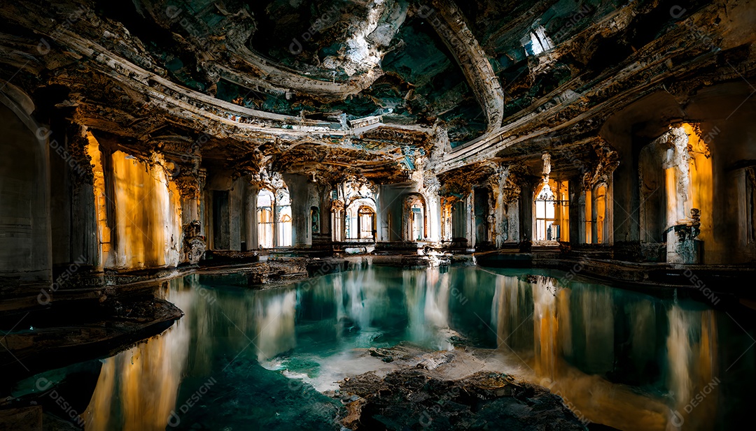 Piscina perdida em caverna com pilares e água turquesa arte gerada por rede neural