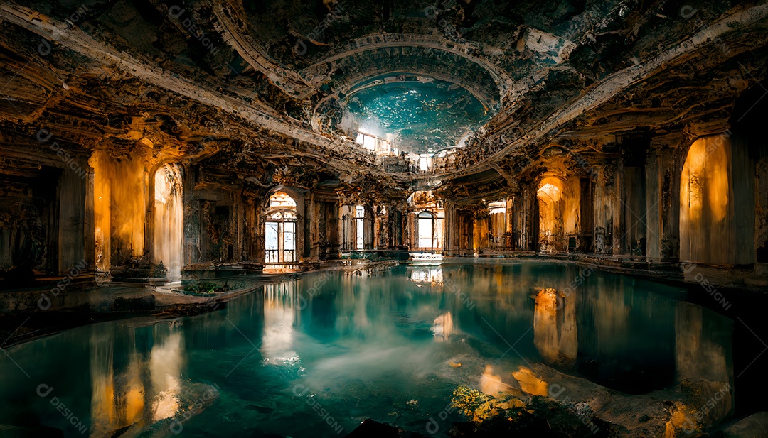 Piscina perdida em caverna com pilares e água turquesa arte gerada por rede neural