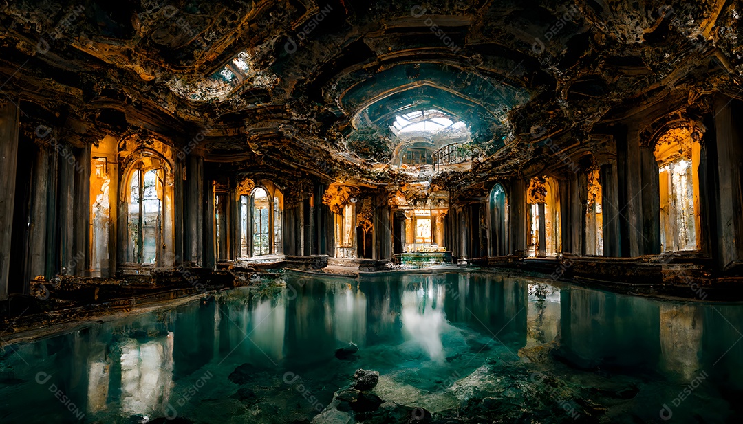 Piscina perdida em caverna com pilares e água turquesa arte gerada por rede neural