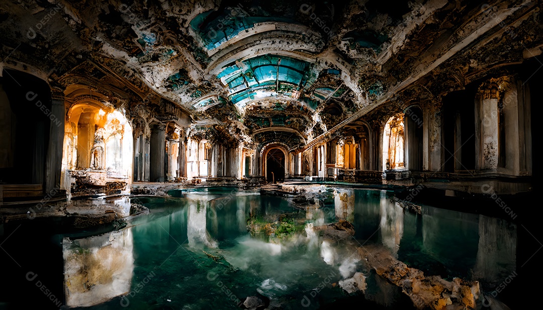 Piscina perdida em caverna com pilares e água turquesa arte gerada por rede neural