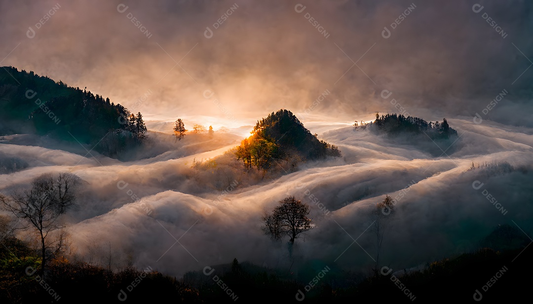 Paisagem alienígena sonhadora com montanhas e nuvens estranhas arte gerada por rede neural