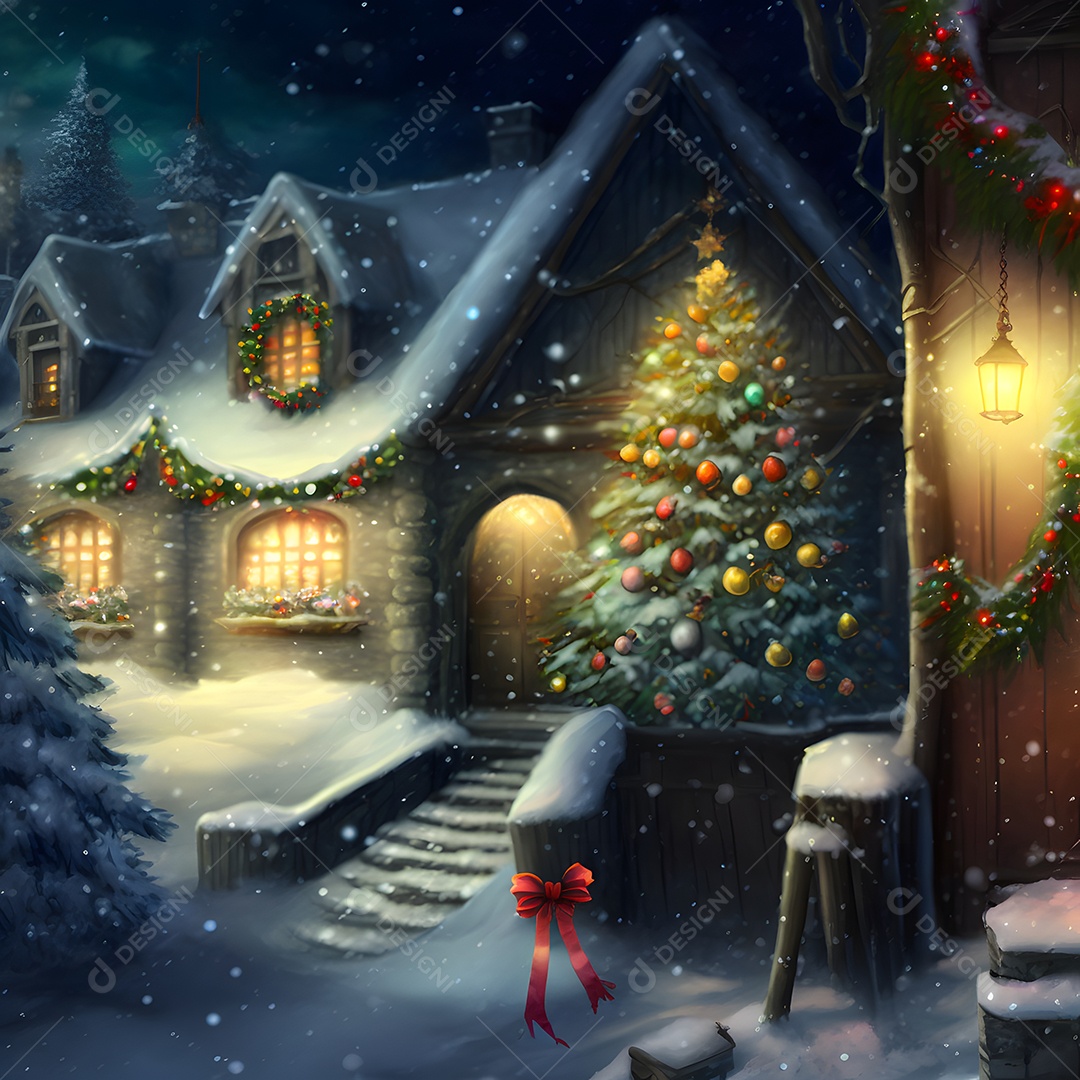 Casa aconchegante de conto de fadas de inverno em noite de neve arte gerada por rede neural