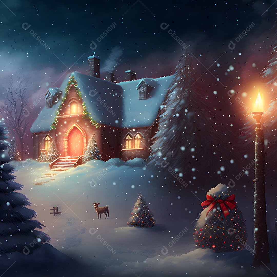 Casa aconchegante de conto de fadas de inverno em noite de neve arte gerada por rede neural