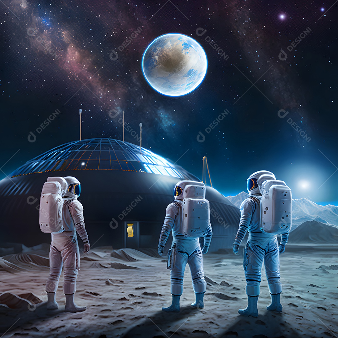 Astronautas em trajes espaciais brancos na superfície da lua com base de cúpula geodésica ao fundo arte gerada por rede neural