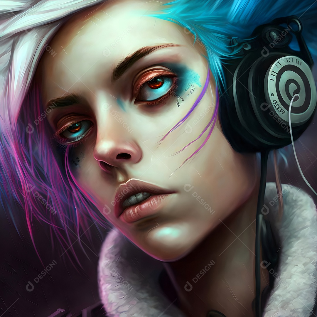 Jovem ciborgue caucasiana em fones de ouvido cibernéticos futuristas arte gerada por rede neural