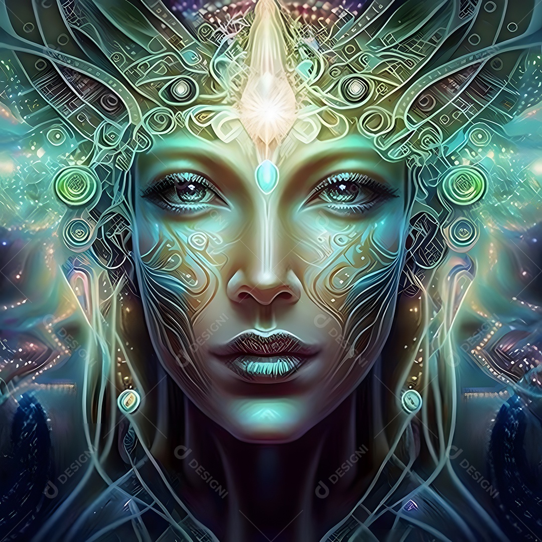 Jovem ciborgue caucasiana em fones de ouvido cibernéticos futuristas arte gerada por rede neural