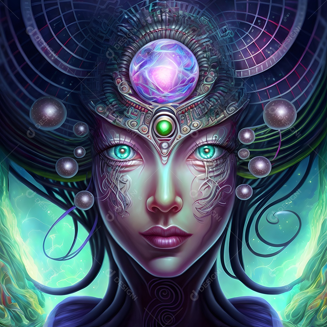 Jovem ciborgue caucasiana em fones de ouvido cibernéticos futuristas arte gerada por rede neural