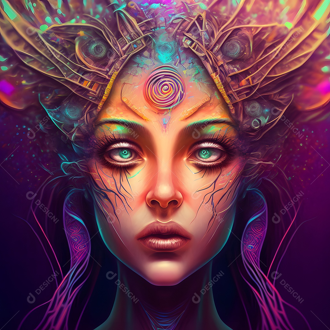 Jovem ciborgue caucasiana em fones de ouvido cibernéticos futuristas arte gerada por rede neural