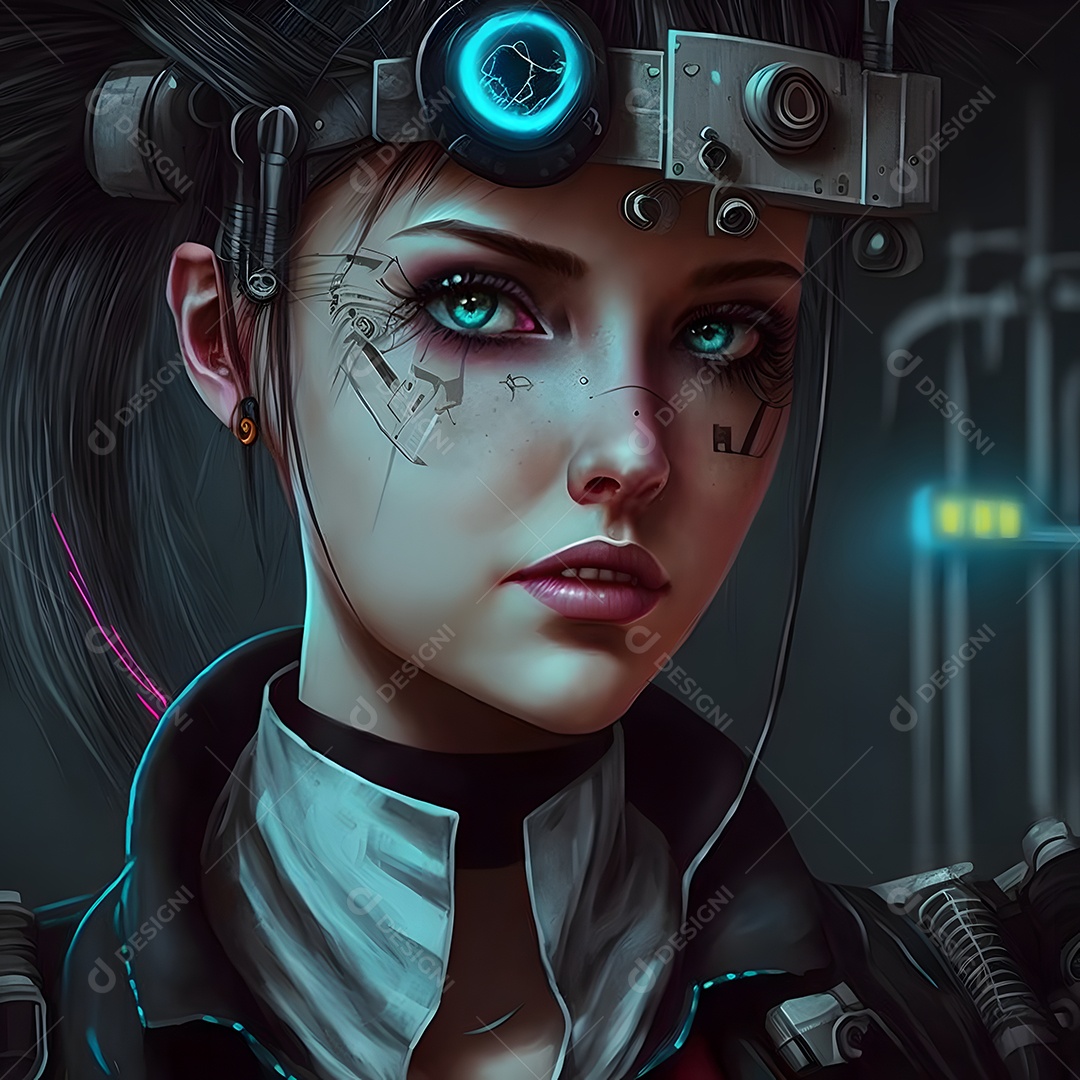 Jovem ciborgue caucasiana em fones de ouvido cibernéticos futuristas arte gerada por rede neural