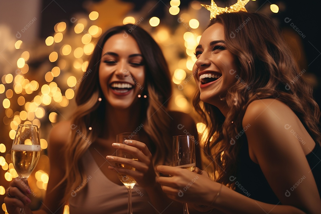Jovens garotas felizes bebem champanhe em Cristo