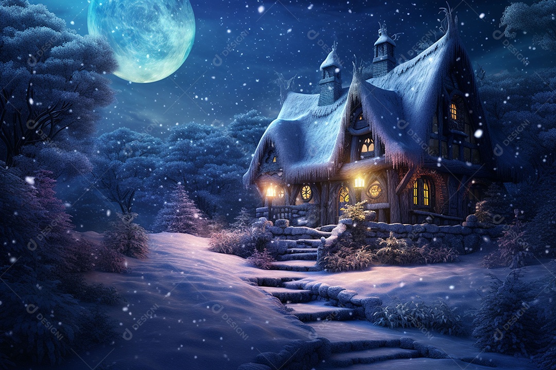 Casa aconchegante de inverno de conto de fadas em noite de neve