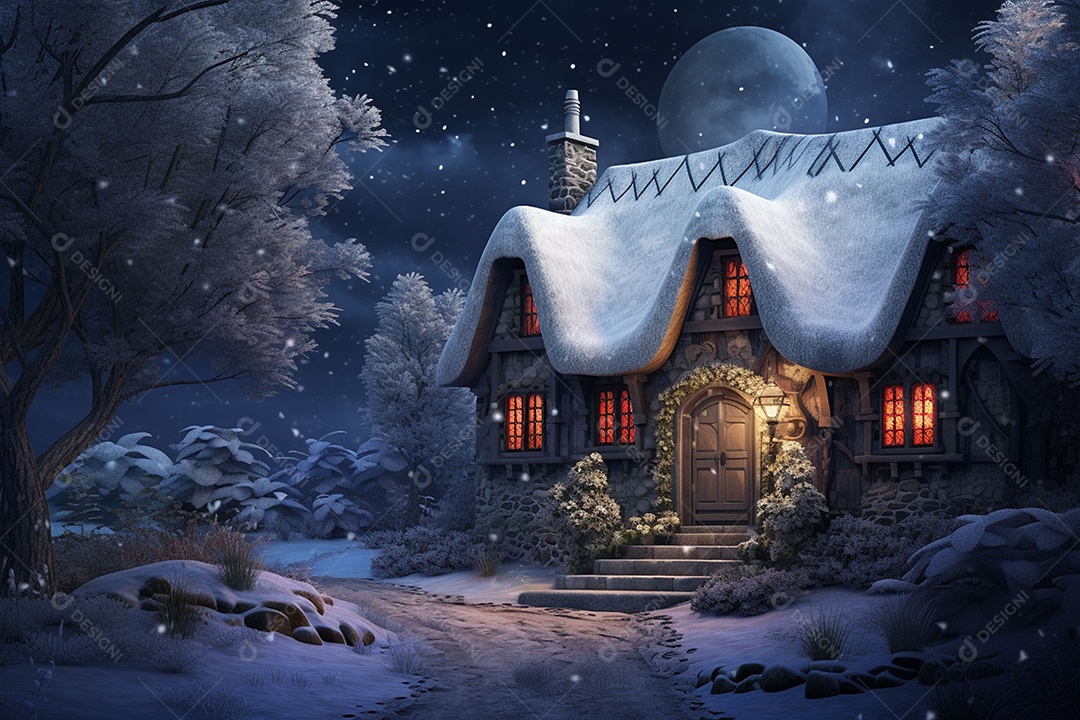 Casa aconchegante de inverno de conto de fadas em noite de neve