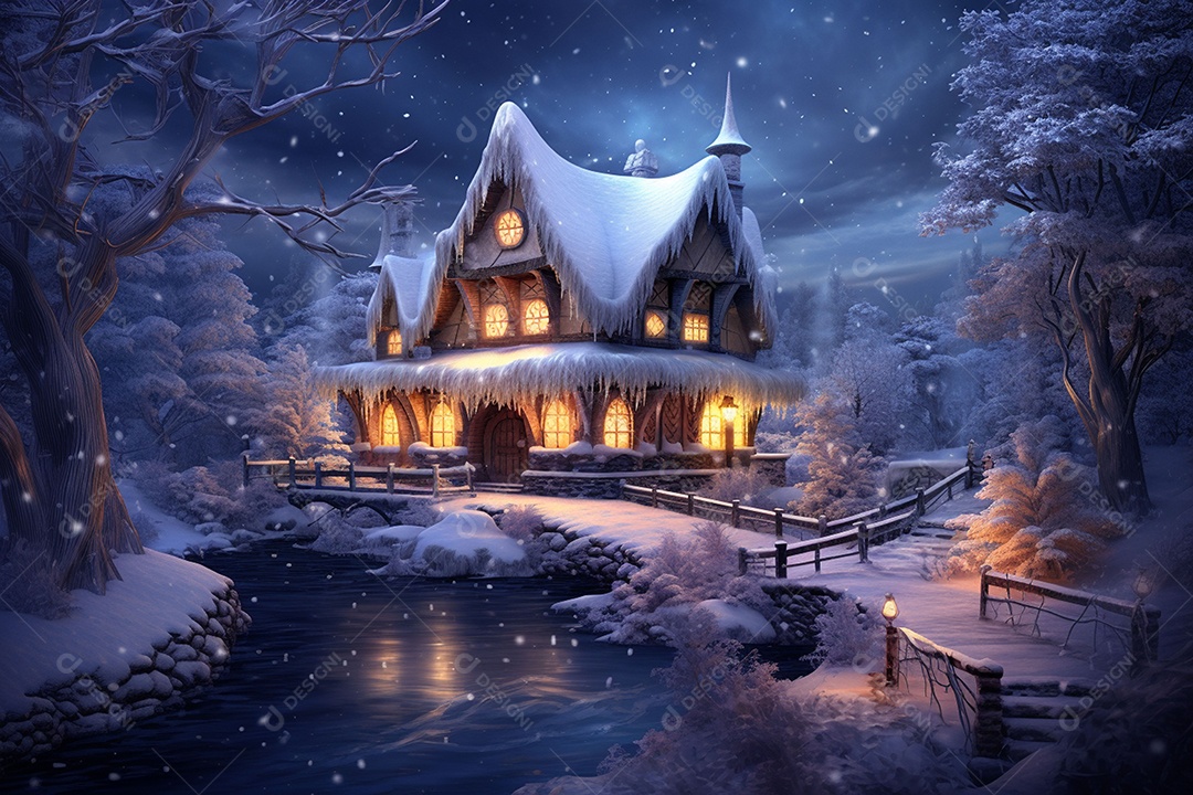 Casa aconchegante de inverno de conto de fadas em noite de neve