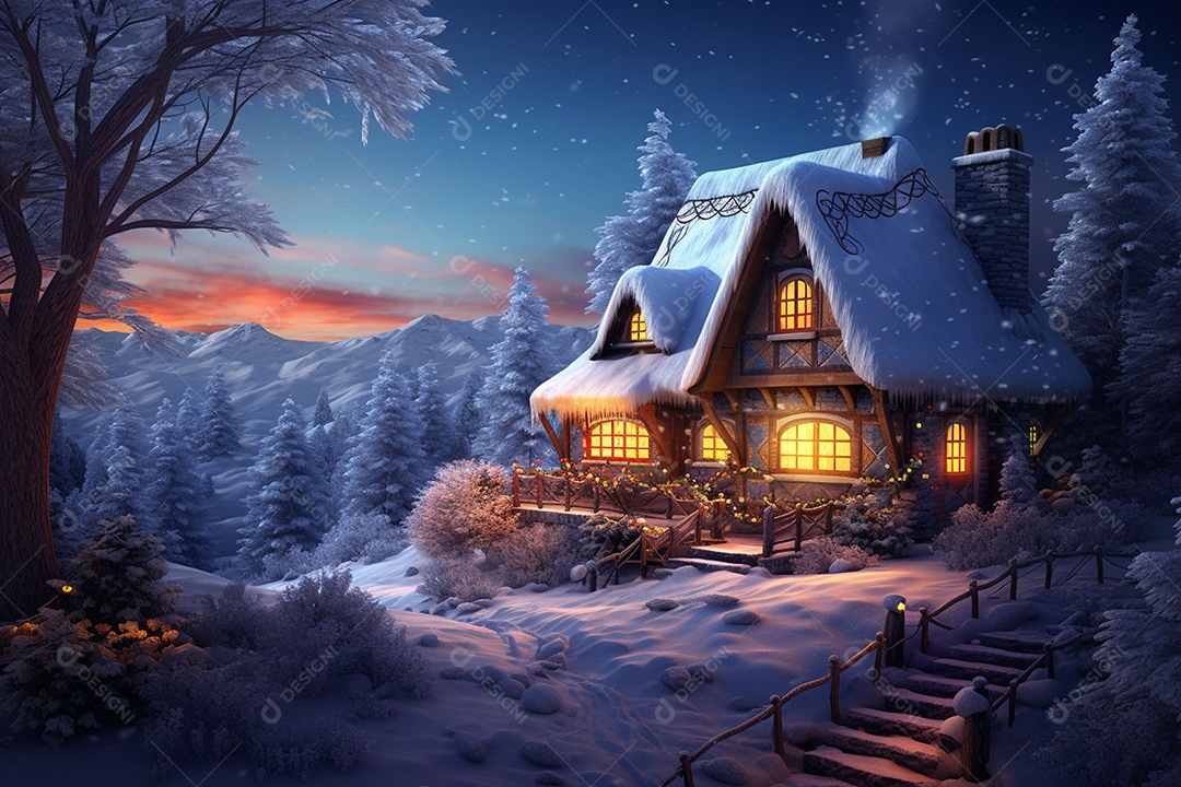 Casa aconchegante de inverno de conto de fadas em noite de neve