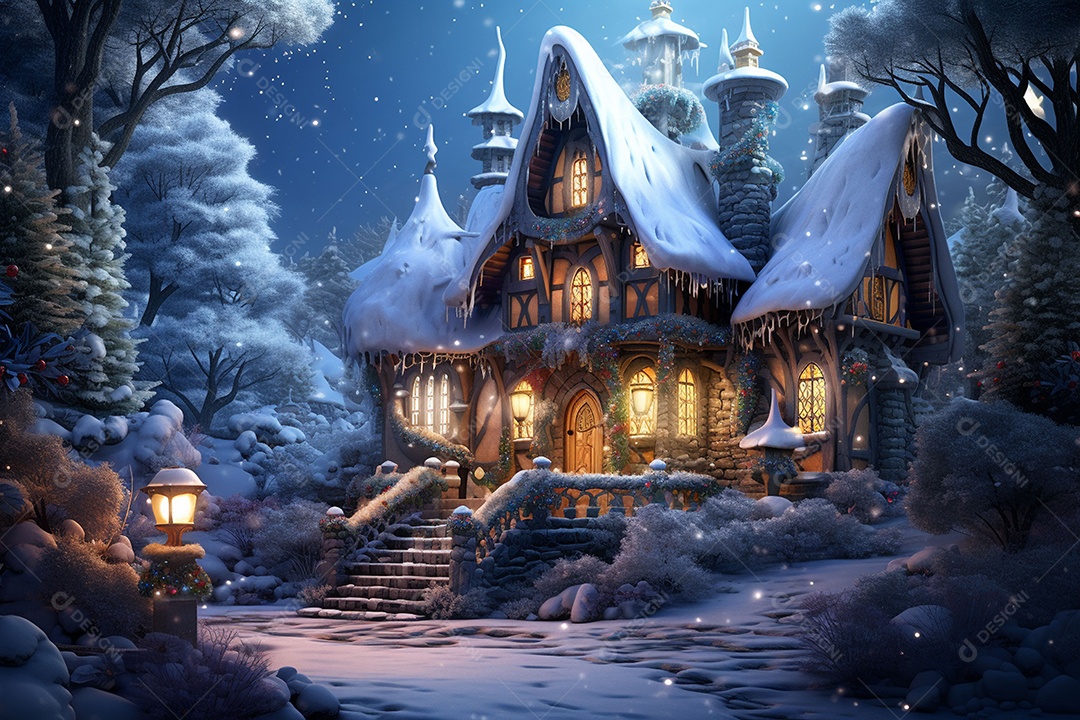 Casa aconchegante de inverno de conto de fadas em noite de neve