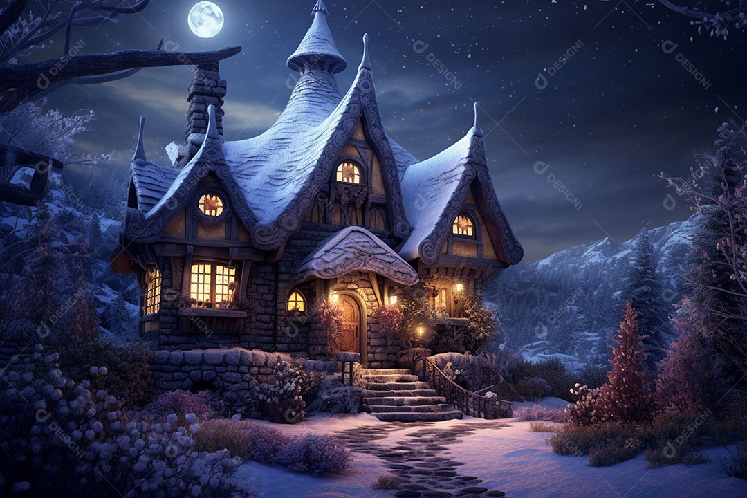 Casa aconchegante de inverno de conto de fadas em noite de neve