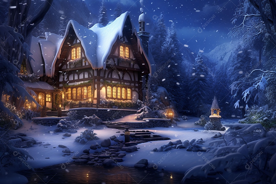 Casa aconchegante de inverno de conto de fadas em noite de neve