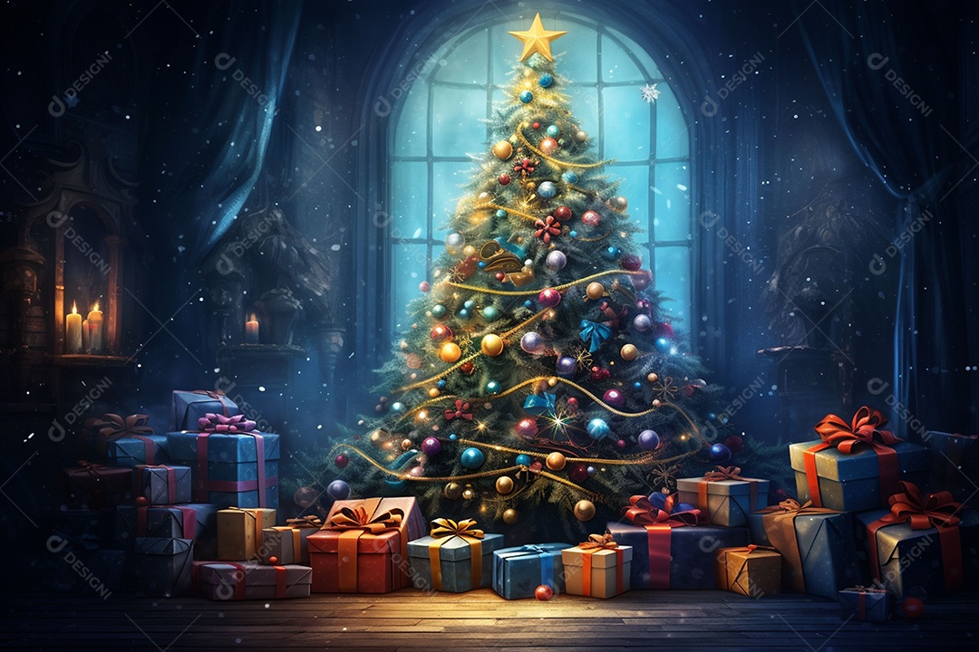 Árvore de Natal de fantasia com presentes celebrando em fundo azul de inverno