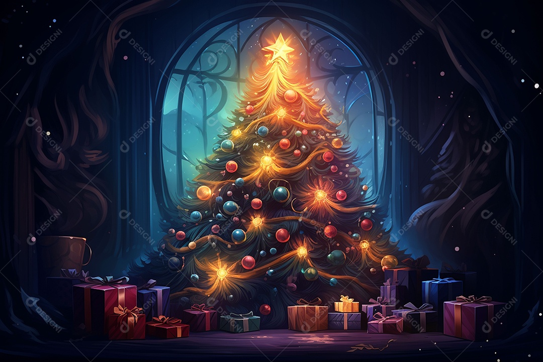 Árvore de Natal de fantasia com presentes celebrando em fundo azul de inverno