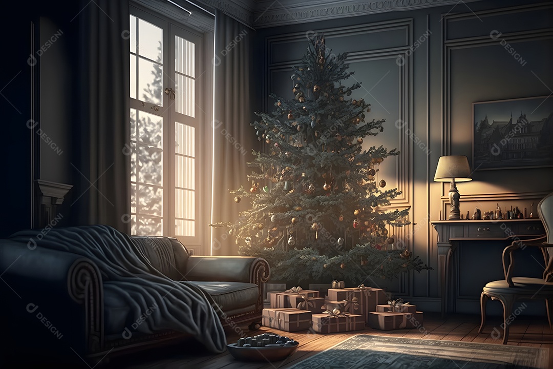 Árvore de Natal decorada com presentes embaixo, em um interior doméstico clássico e aconchegante