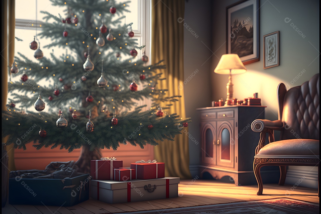 Árvore de Natal decorada com presentes embaixo, em um interior doméstico clássico e aconchegante