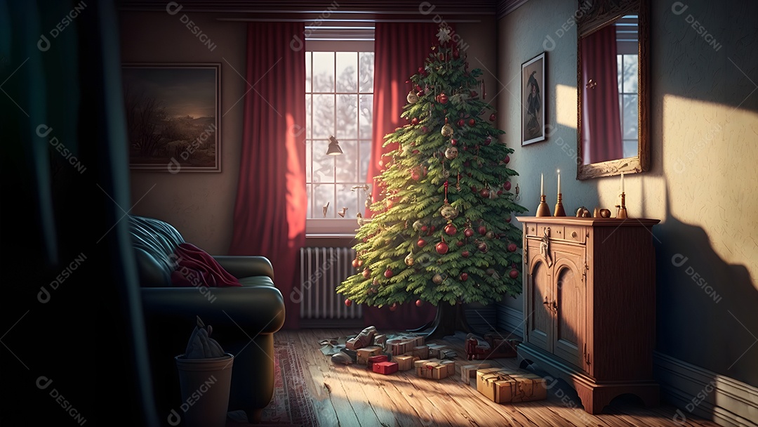 Árvore de Natal decorada com presentes embaixo, em um interior doméstico clássico e aconchegante