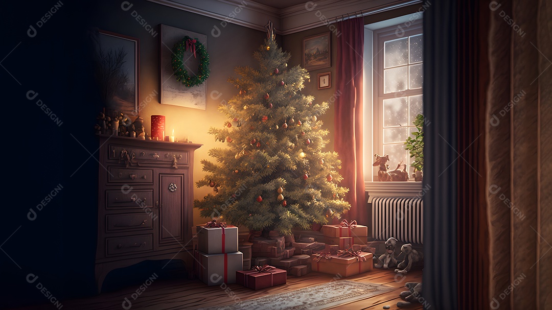 Árvore de Natal decorada com presentes embaixo, em um interior doméstico clássico e aconchegante